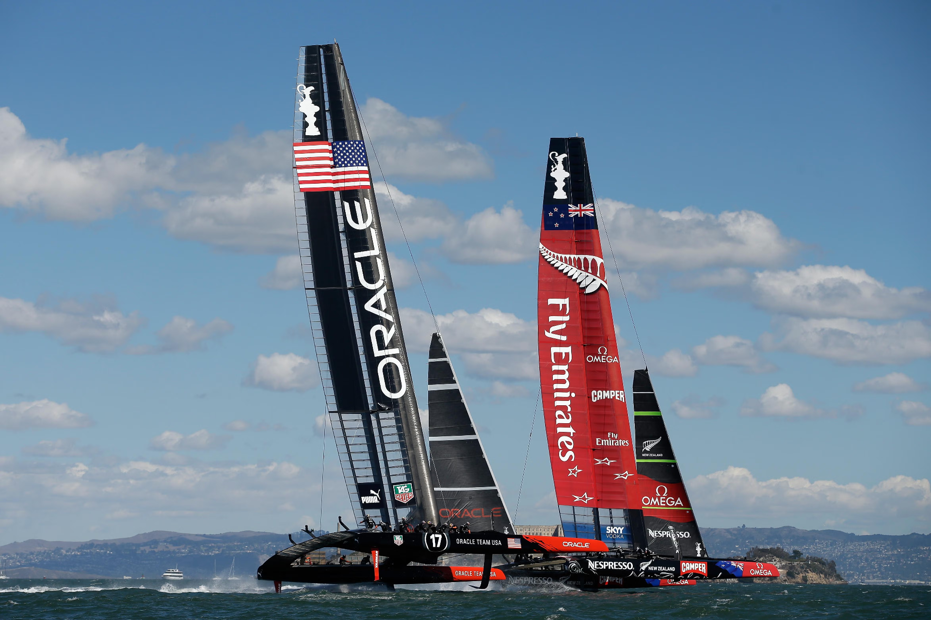 Oracle Team USA and Emirates Team New Zealand racing in the America's Cup